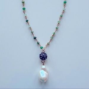 Cultured Baroque Freshwater Pearl and Gemstone Bead 30” Necklace Plated Gold OS